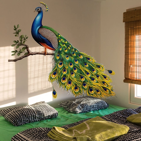 Pegatina de Pared de Pavo Real de Lujo con Estampado en Caliente Textura Metálica Flores Mariposa Calcomanía Impermeable