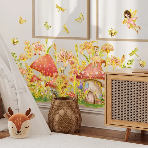 Goldprägung Pilzhaus Fee Wandtattoo PVC Blumen Schmetterling Biene Aufkleber Für Kinderzimmer Schlafzimmer Deko
