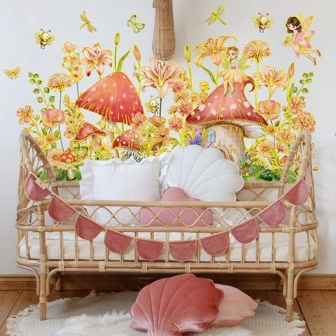 Goldprägung Pilzhaus Fee Wandtattoo PVC Blumen Schmetterling Biene Aufkleber Für Kinderzimmer Schlafzimmer Deko