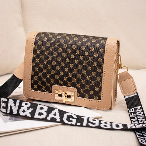 Vintage Women Crossbody Bag PU Leather Print Small Square Shoulder Bag With Wide Letter Strap Gold Lock For Ladies