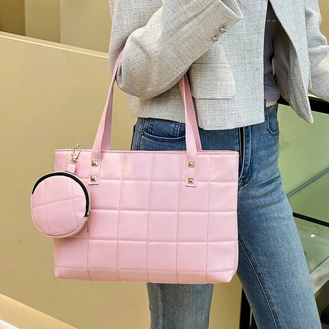 Women Quilted Tote Bag And Round Pouch Set PU Leather Square Pattern Embroidery Large Capacity Handbag For Daily Office
