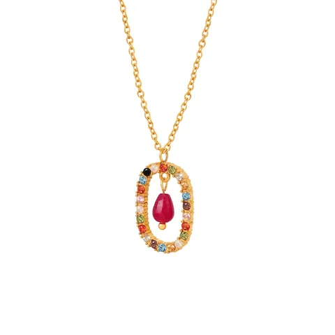 Collana Con Pendente In Acciaio Inossidabile Con Strass Colorati E Agata Rossa Per Donna Placcato Oro 18K Boho