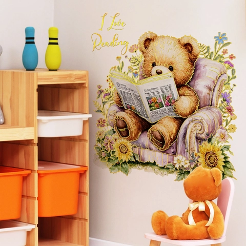 Cartoon Bear Reading Book Wall Sticker With Gold Stamping Height Chart Removable PVC Decal For Kids Room Nursery Home Decoration