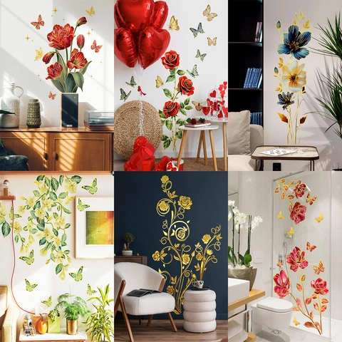 Gold Foil Flower Butterfly Wall Stickers Waterproof Metallic Texture Floral Decals For Bedroom Living Room Home Decor
