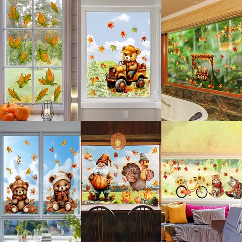 Autumn Thanksgiving Window Stickers Static Cling PVC Maple Leaves Pumpkin Bear Scarecrow Decals For Glass Harvest Decor