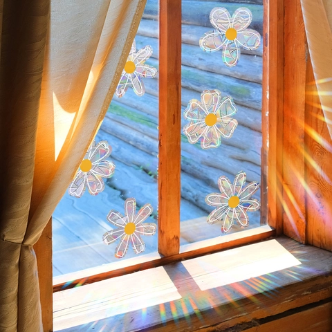 Suncatcher Rainbow Prism Daisy Window Sticker Static Cling Glass Decal Home Decor Anti Collision Bird Strike Protection