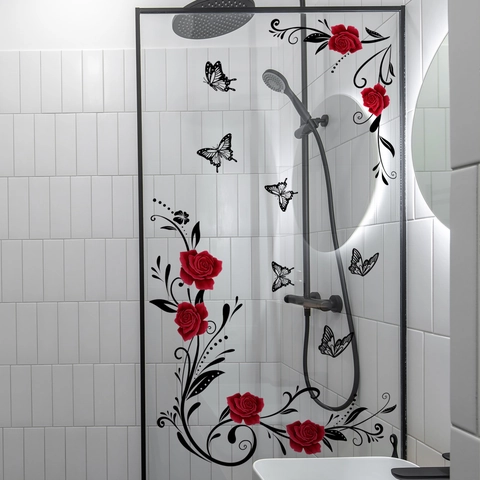 Creative Red Rose Flower Vine Black Butterfly Wall Sticker Waterproof PVC Removable Decal For Bathroom Living Room Home Decor