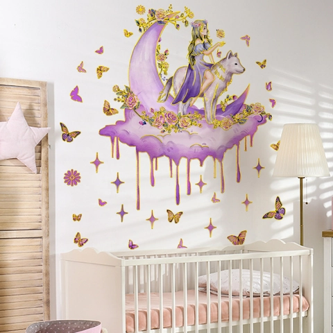 Cartoon Purple Moon Girl Riding Wolf Wall Sticker With Gold Stamping Removable PVC Decorative Mural Decal For Kids Room Nursery Home Decor