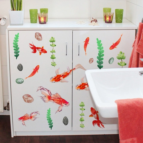 Waterdichte Badkamer Muurstickers PVC Goudvis Koi Waterplanten Decals Voor Badkuip Wastafel Huis Decoratie Creatief