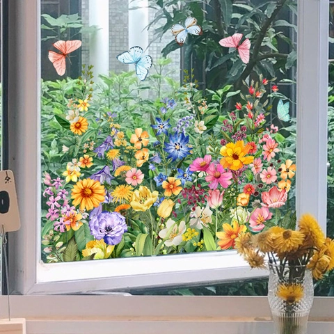 Watercolor Flowers Butterflies Static Cling Window Decals Double Sided Waterproof Non Glue PVC Decorative Glass Stickers