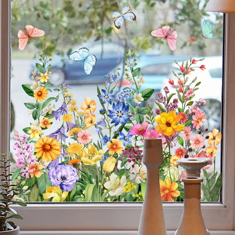 Watercolor Flowers Butterflies Static Cling Window Decals Double Sided Waterproof Non Glue PVC Decorative Glass Stickers