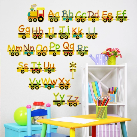 Cartoon Alfabet Trein Muursticker 26 Letters Hete Stempel Metalen Textuur Waterdicht PVC Zelfklevend Decor Voor Kinderkamer