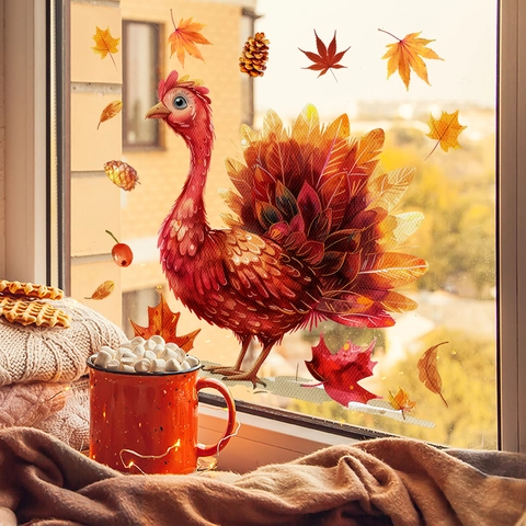 Thanksgiving Turkey Window Stickers Static Cling Maple Leaves Pine Cones Double Sided Fall Decals For Glass Decoration