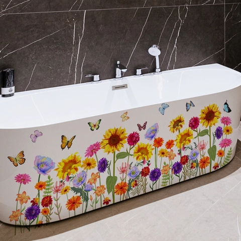 Autocollants Muraux Fleurs Papillons Colorés Étanche PVC Auto-adhésif Décoration Pour Salle De Bain Baignoire Chambre