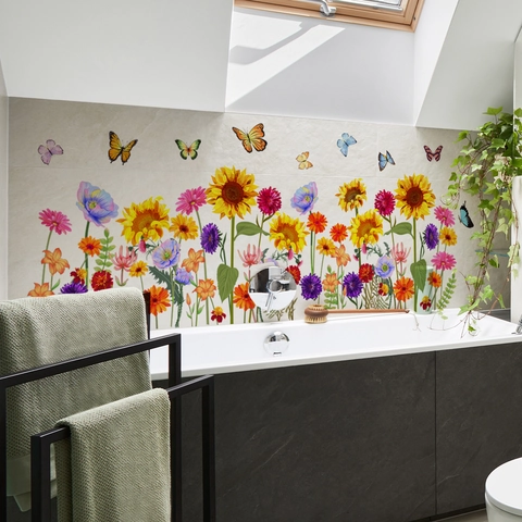 Autocollants Muraux Fleurs Papillons Colorés Étanche PVC Auto-adhésif Décoration Pour Salle De Bain Baignoire Chambre