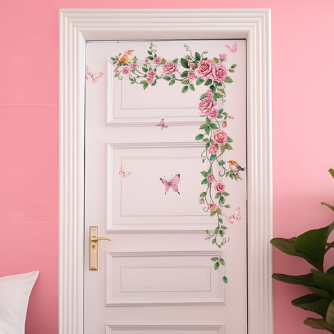 Romantisch Rosa Rose Rebe Wandtattoo Mit Vogel Schmetterling Aquarell PVC Selbstklebend Wandbild Für Schlafzimmer Dekoration