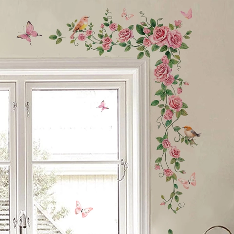 Romantisch Rosa Rose Rebe Wandtattoo Mit Vogel Schmetterling Aquarell PVC Selbstklebend Wandbild Für Schlafzimmer Dekoration
