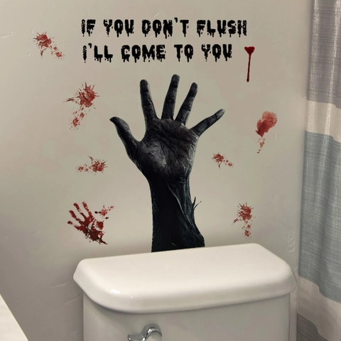 Adesivo Gabinetto Halloween Impermeabile PVC Orrore Impronta Mano Sangue Citazione Avvertimento Decorazione Bagno