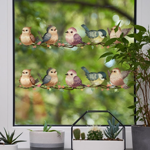 Pegatinas De Ventana Pájaros En Ramas Acuarela Estática Calcomanías De Vidrio Decoración Floral Doble Cara