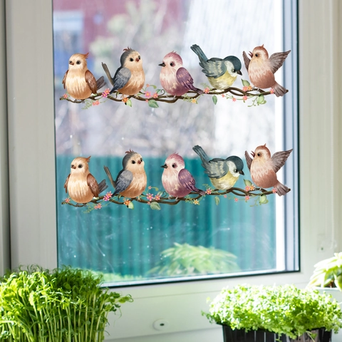 Pegatinas Estáticas para Ventanas Patrón de Gorrión y Enredadera Acuarela PVC Calcomanías de Vidrio Doble Cara para Hogar Cocina Oficina