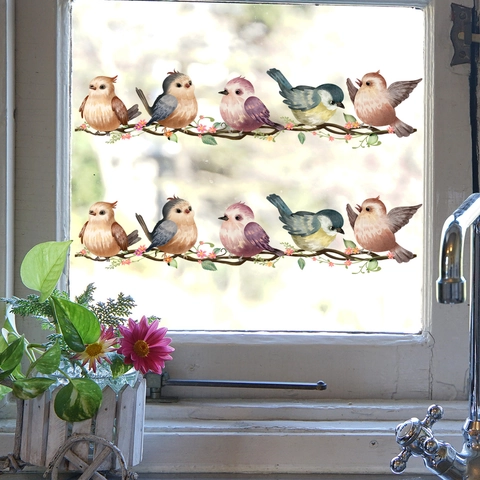 Pegatinas De Ventana Pájaros En Ramas Acuarela Estática Calcomanías De Vidrio Decoración Floral Doble Cara