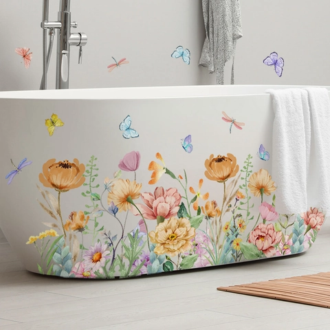 Aquarell Blume Schmetterling Badewanne Wandtattoo PVC Wasserdicht Selbstklebend Floral Libelle Deko Home Badezimmer Wandaufkleber