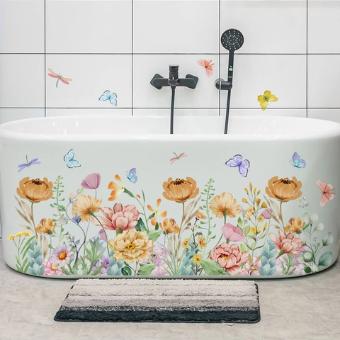 Aquarell Blume Schmetterling Badewanne Wandtattoo PVC Wasserdicht Selbstklebend Floral Libelle Deko Home Badezimmer Wandaufkleber