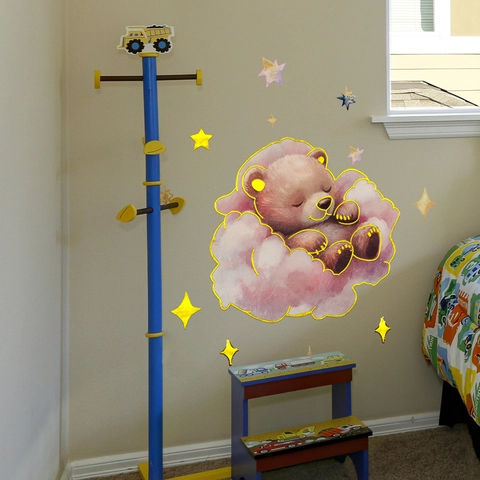Cartoon Sleeping Bear On Cloud Wall Stickers With Gold Stars Hot Stamping Watercolor Wall Decals For Kids Nursery Room Decor