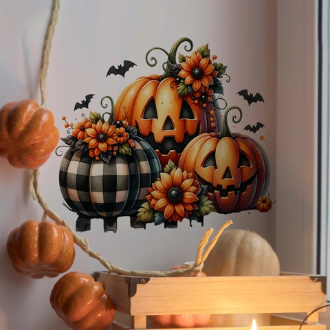 Stickers Muraux 3D Halloween Amovibles en PVC Citrouille Crâne Chauve-souris Fantôme pour Salon Salle de Bain Toilettes Fête Maison