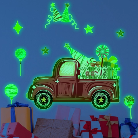 Lichtgevende Kerst Muursticker PVC Glow In The Dark Rode Vintage Vrachtwagen Kerstboom Decoratie