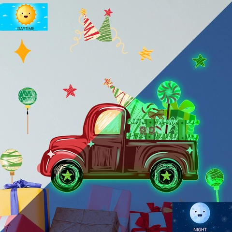 Lichtgevende Kerst Muursticker PVC Glow In The Dark Rode Vintage Vrachtwagen Kerstboom Decoratie