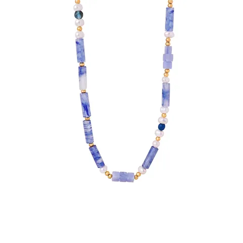 Natuurlijke Blauwe Kantsteen Kralenketting Met Zoetwaterparel En 18K Verguld Titaniumstaal Elegante Boho Sieraden Voor Dames