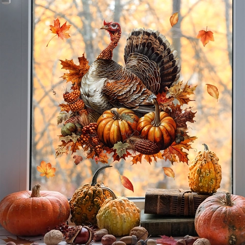Pegatinas Ventana Acción De Gracias Pavo Calabaza Hojas Arce PVC Estática Doble Cara Impermeable Decoración