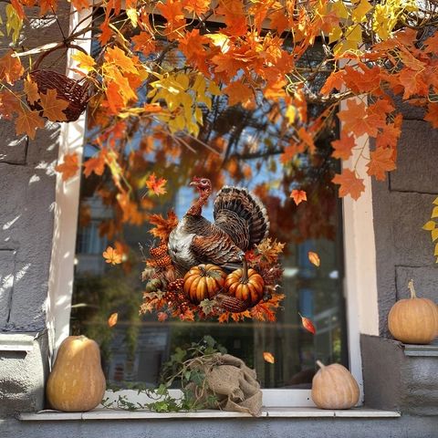 Pegatinas Ventana Acción De Gracias Pavo Calabaza Hojas Arce PVC Estática Doble Cara Impermeable Decoración