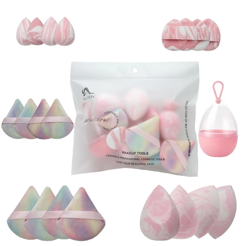 Ensemble Éponge Maquillage Houpette Polyuréthane Marbre Dégradé Utilisation Sèche Humide Applicateur Cosmétique Étui