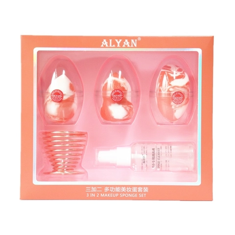 Set Spugne Trucco Marmo Salmone Poliuretano Idrofilo Beauty Blender Per Fondotinta Liquido Con Custodia E Supporto