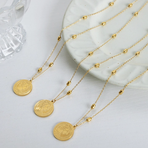 Elizabeth II Coin Pendant Necklace 18K Gold Plated Titanium Steel Vintage Embossed Queen Portrait Bean Chain For Women