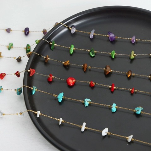 Natural Crushed Stone Necklace Titanium Steel 18K Gold Plated Bohemian Irregular Gemstone Choker Jewelry For Women