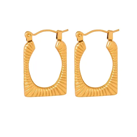 Vintage Geometric Rectangular Hoop Earrings Titanium Steel 18K Gold Plated Sunburst Ribbed Texture Jewelry For Women