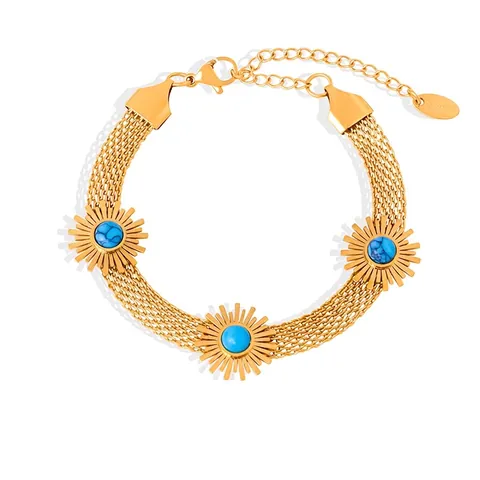 Bohemian Turquoise Sunflower Bracelet For Women Vintage Gold Mesh Chain Titanium Steel Adjustable Bangle Jewelry