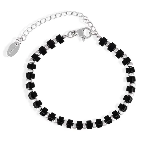 Handgefertigtes Perlenarmband Schwarzer Türkis Edelstahl Retro Barock Minimalistisch Quadratische Perlen Verstellbarer Schmuck