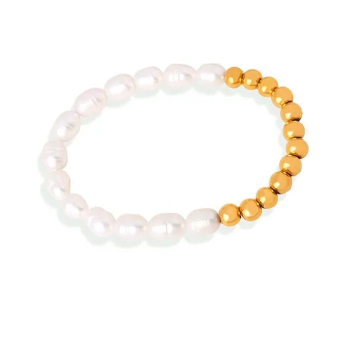 Freshwater Pearl Bracelet Spliced 18K Gold Plated Titanium Steel Beads Vintage Minimalist Elegant Jewelry For Women