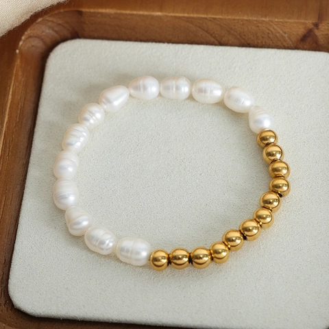 Freshwater Pearl Bracelet Spliced 18K Gold Plated Titanium Steel Beads Vintage Minimalist Elegant Jewelry For Women