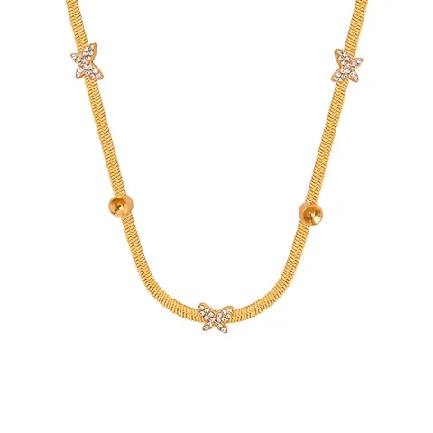 Butterfly Pendant Necklace Titanium Steel Gold Plated Rhinestone Snake Bone Herringbone Chain Vintage Baroque For Women