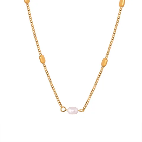 Elegante Collana Con Pendente In Acciaio Al Titanio Placcato Oro 18K Perla D Acqua Dolce Grani D Oro Ovali Gioielli Da Donna