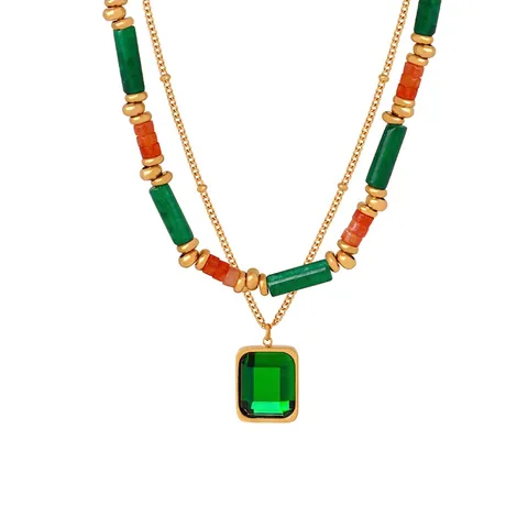 Double Layer Necklace Titanium Steel Natural Stone Cylinder Beaded Rectangular Emerald Green Glass Pendant Vintage Jewelry