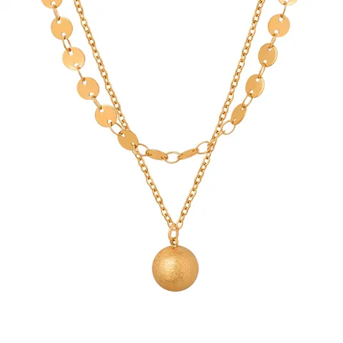Collana A Doppio Strato Con Pendente A Sfera Rotonda Opaca E Catena A Disco Piatto In Acciaio Al Titanio Placcato Oro