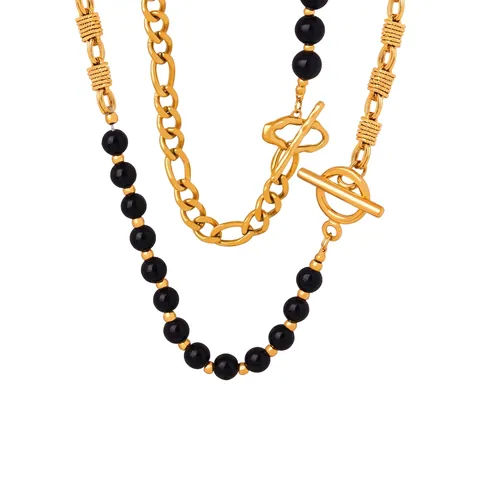 Vintage Stainless Steel Necklace With Black Agate Beads And Toggle Clasp Gold Plated Twist Chain For Women