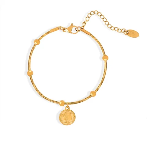 Bracciale Con Pendente Moneta In Rilievo Vintage Catena A Serpente Dorata Con Perline Tonde Lucide Gioielli Eleganti Regolabili Da Donna