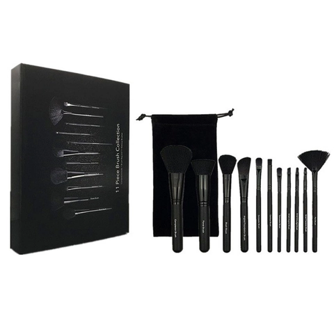 Professional 11 Piece Makeup Brush Set Black Wood Handle Synthetic Fiber Hair With Storage Bag And Gift Box For Women